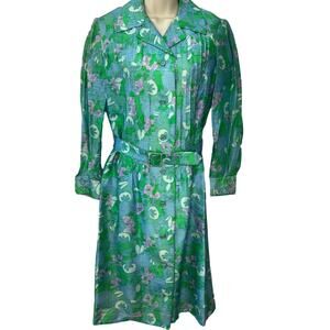 Vintage Hillebrand Mod Floral Shirt Dress Green Blue Belt German 3/4 Sleeve 60s